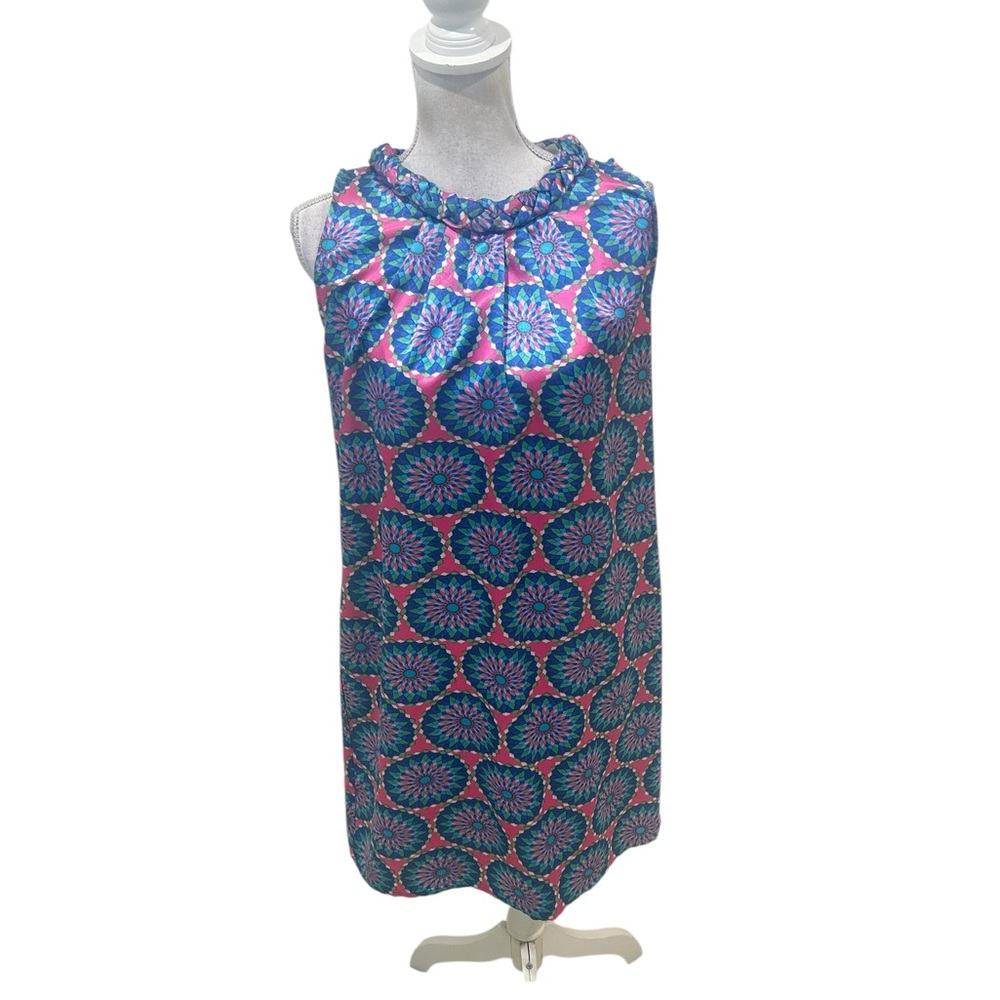 Tracy Negoshian Blue & Pink geometric print braided neck sleeveless Dress medium